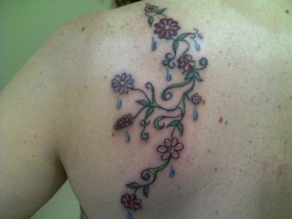 Colorful Little Daisy Flowers Tattoo On Left Back Shoulder