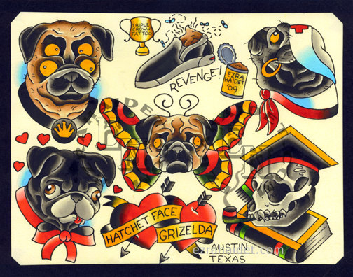 Colorful Traditional Pugdog Tattoo Flash