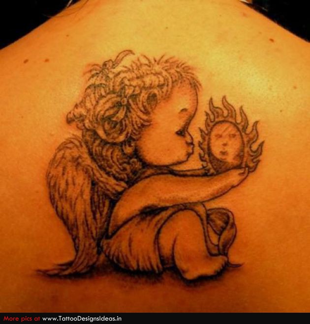 Cupid Cherub Holding Sun Tattoo On Upper Back