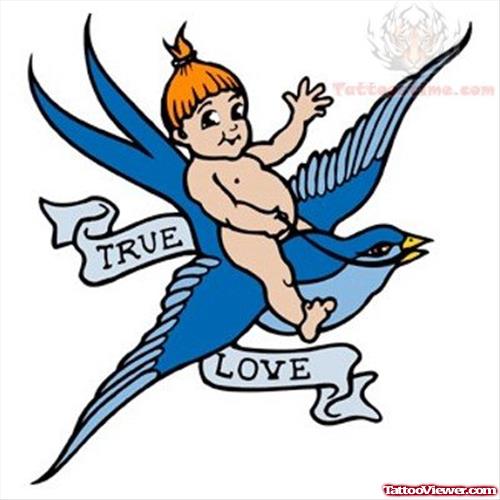 Cupid Cherub On Flying Bird With Banner Tattoo Design