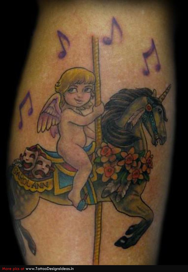 Cupid Cherub Sitting On Unicorn Toy With Music Knots Tattoo Design