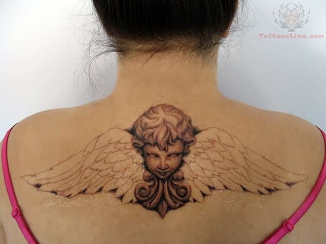 Cupid Cherub Tattoo On Girl Upper Back