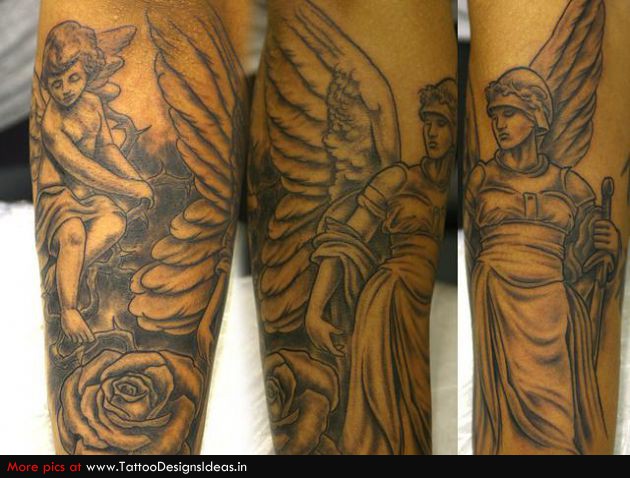 Cupid Cherub With Angel And Rose Tattoo Design For Sleeve