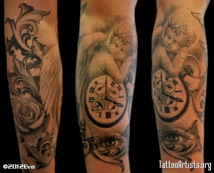 Cupid Cherub With Clock Tattoo Design For Sleeve