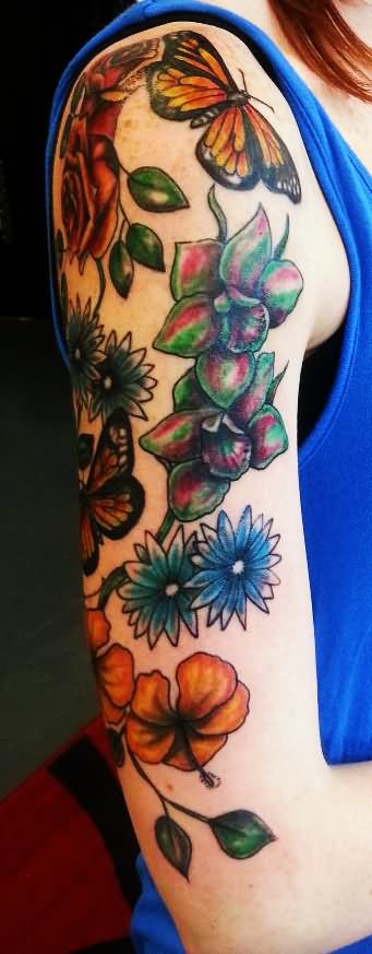 Cute Colorful Daisy Flowers Tattoo On Girl Right Half Sleeve