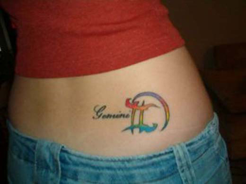 Cute Colorful Gemini Tattoo On Girl Lower Back
