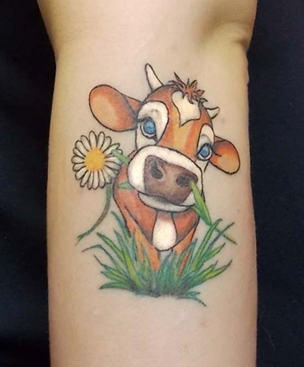 Cute Cow With Daisy Flower Tattoo Design