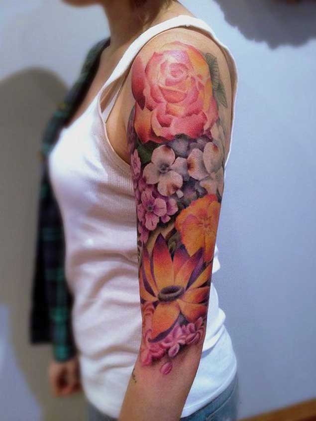 Cute Daisy Flowers And Roses Tattoo On Girl Left Half Sleeve