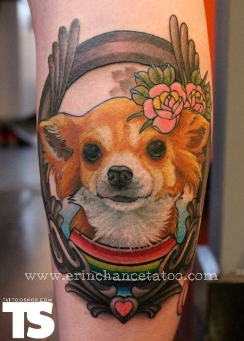 Cute Dog In Frame Tattoo Design For Leg