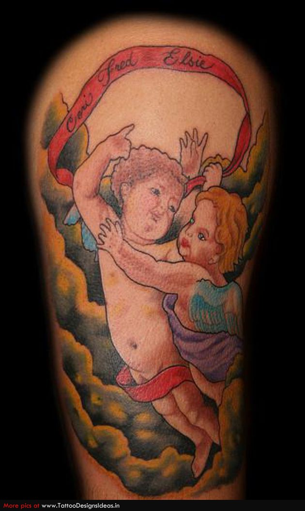 Cute Two Cupid Cherub With Banner Tattoo Design For Half Sleeve