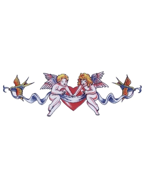 Cute Two Cupid Cherub With Heart And Flying Birds Tattoo Design