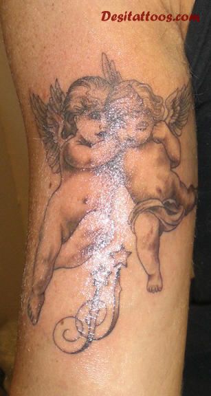 Cute Two Cupid Cherub With Magic Stick Tattoo Design For Sleeve