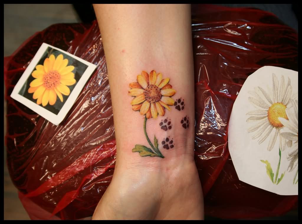 Daisy Flower With Paw Print Tattoo On Wrist