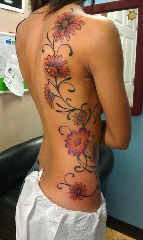 Daisy Flowers Tattoo On Full Back