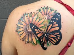 Daisy Flowers With Butterfly Tattoo On Left Back Shoulder