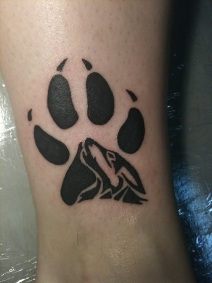 Dog In Paw Print Tattoo Design For Leg