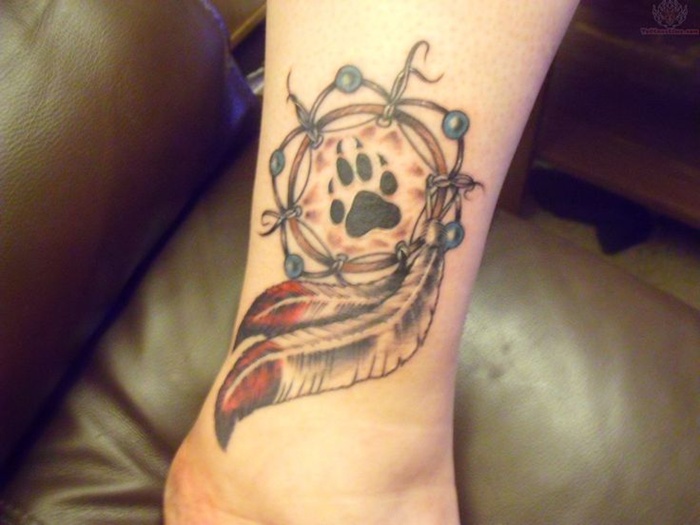 Dog Paw Print In Dreamcatcher Tattoo On Leg