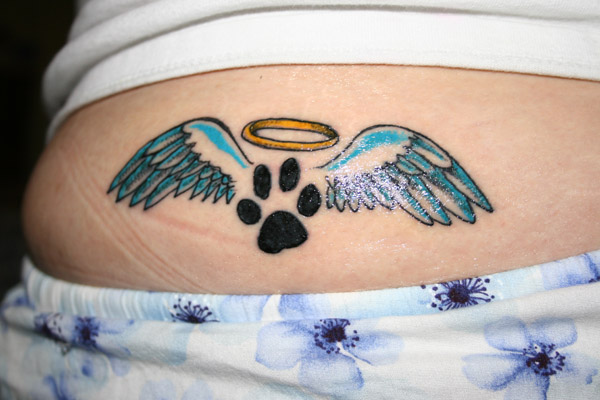 Dog Paw Print With Angel Wings Tattoo Design For Lower Back
