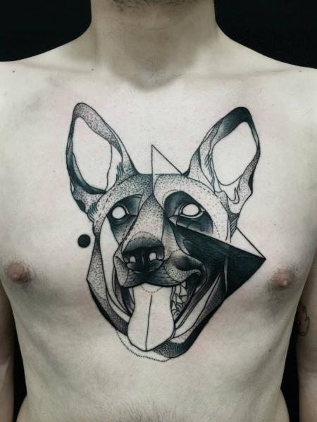 Dotwork Dog Face Tattoo On Man Chest By Michele Zingales