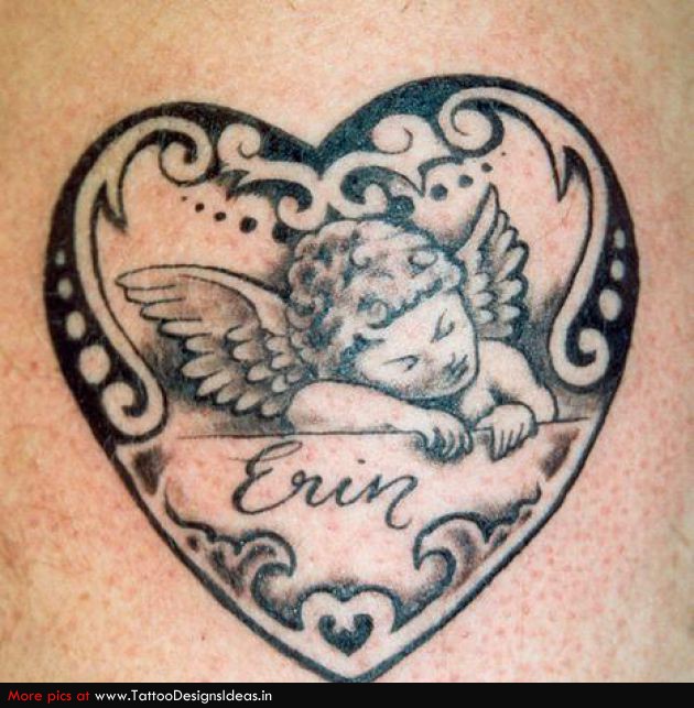 Erin - Cupid Cherub In Heart Frame Tattoo Design