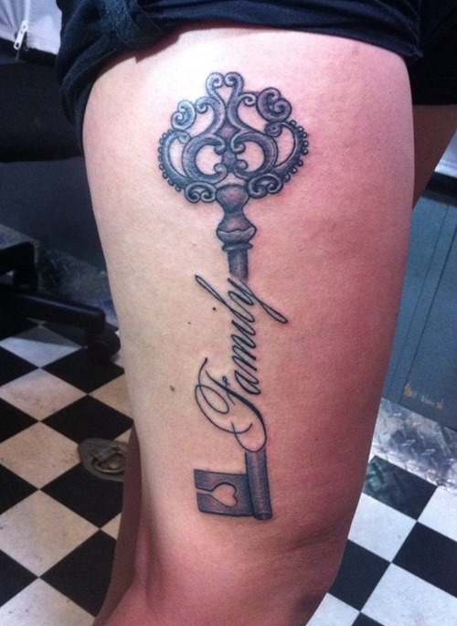 Family Key Tattoo On Side Thigh