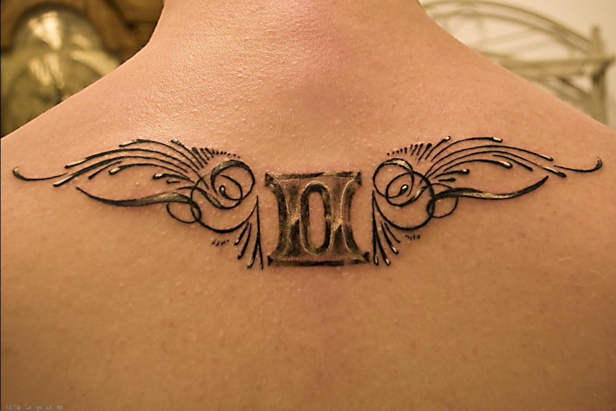 Feminine Winged Gemini Tattoo On Upper Back