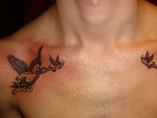 Flying Bird With Cupid Cherub Tattoo On Man Right Front Shoulder