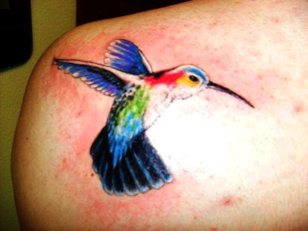 Flying Hummingbird Tattoo On Left Back Shoulder