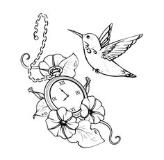 Flying Hummingbird With Pocket Watch And Flowers Tattoo Stencil