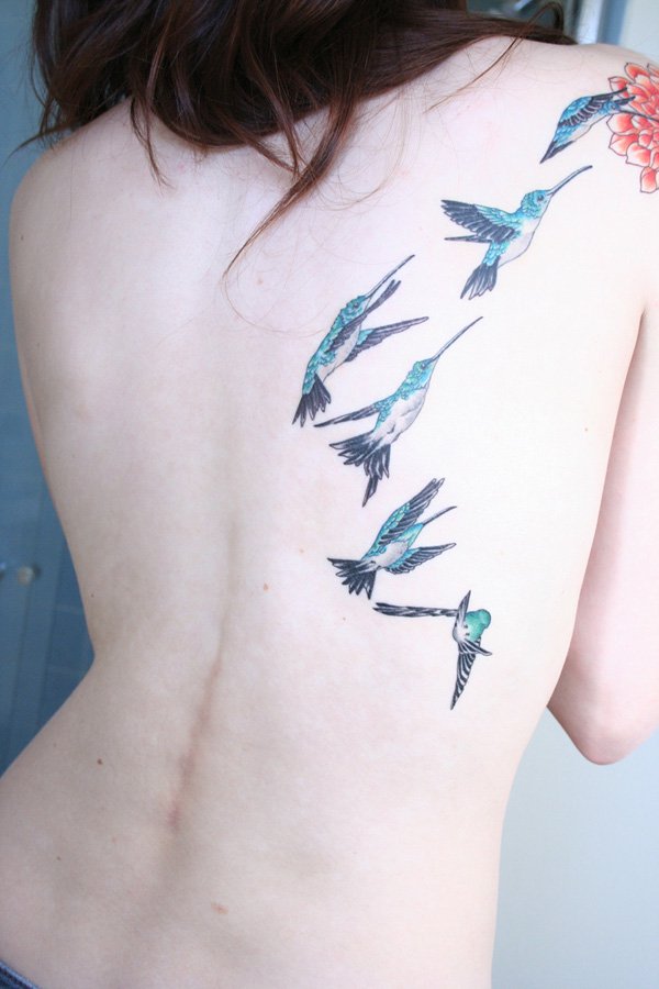 Flying Hummingbirds Tattoo On Girl Full Back