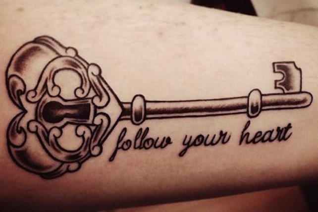 Follow Your Heart - Black Ink Heart Key Tattoo Design For Forearm