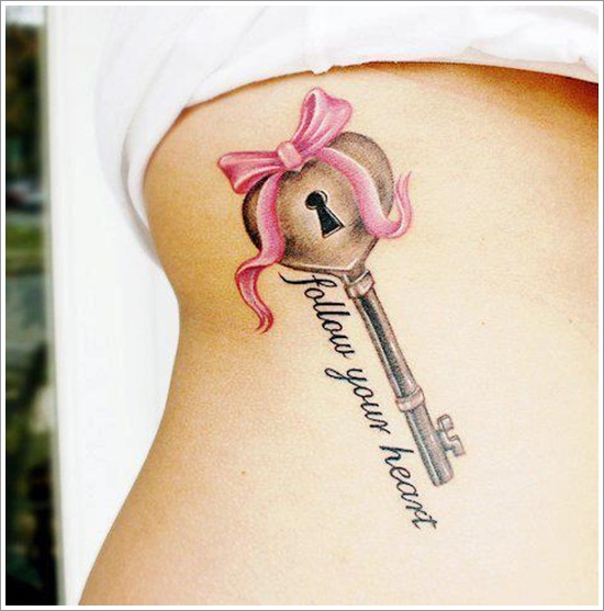 Follow Your Heart - Heart Key Tattoo On Side Rib