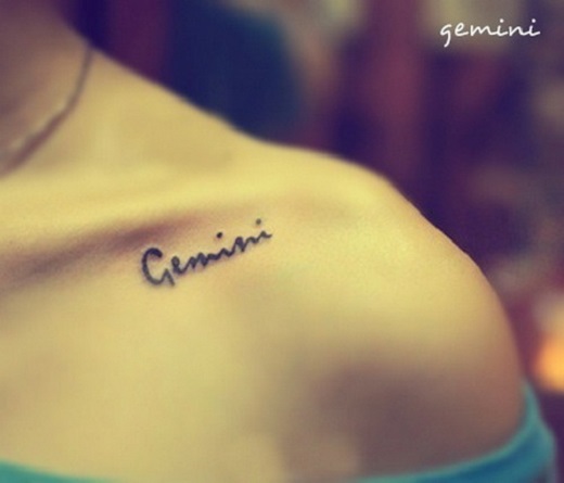 Gemini Tattoo On Girl Left Collarbone