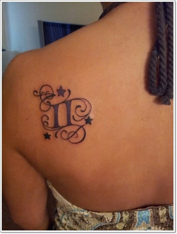Girl Left Back Shoulder Gemini Tattoo
