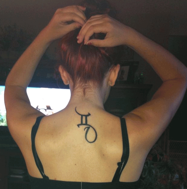 Girl Upper Back Gemini Zodiac Sign Tattoo