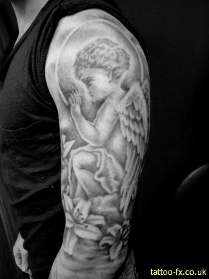 Grey Ink Cupid Cherub Tattoo On Man Left Half Sleeve