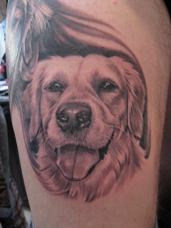 Grey Ink Cute Dog Face Tattoo Design For Half Sleeve