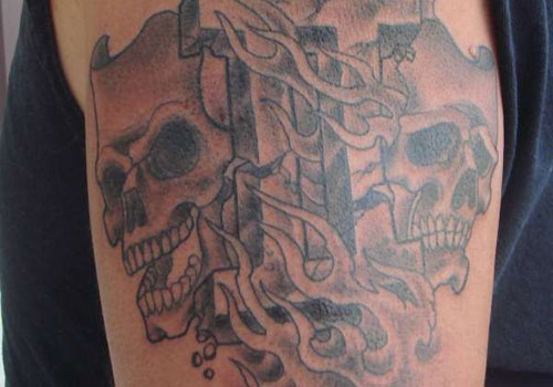 Grey Skulls And Gemini Tattoos On Half Sleeve