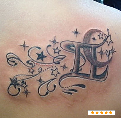 Grey Stars And Gemini Zodiac Tattoo On Right Back Shoulder