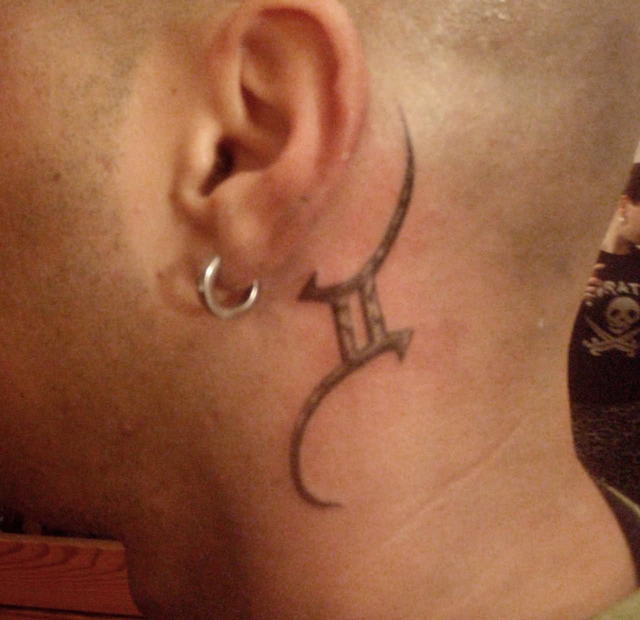 Grey Tribal Gemini Tattoo On Side Neck