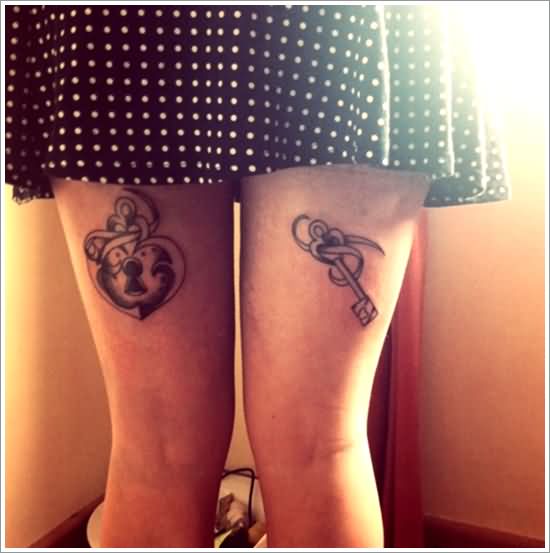 Heart Lock And Key Tattoo On Both Back Thigh