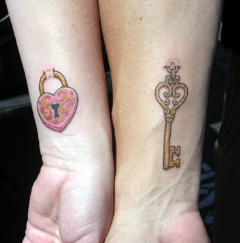 Heart Lock And Key Tattoo On Couple Wrist