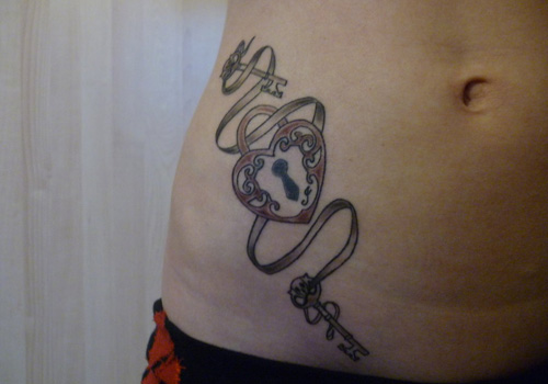 Heart Lock And Two Keys Tattoo Design For Side Rib