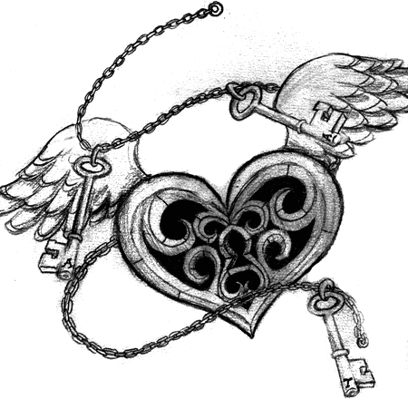 Heart Lock With Wings And Keys Tattoo Design