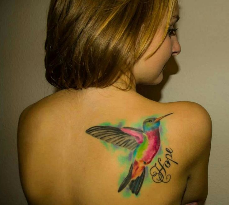 Hope - Colorful Flying Hummingbird Tattoo On Girl Right Back Shoulder