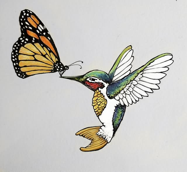 Hummingbird With Butterfly Tattoo Design