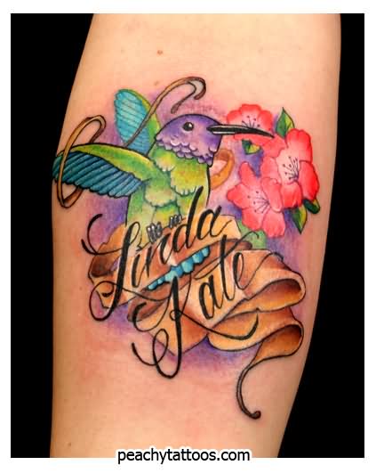 Hummingbird With Flowers And Banner Tattoo Design For Forearm