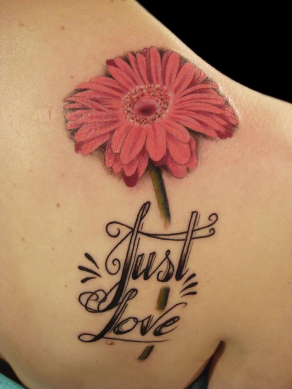 Just Love - 3D Pink Daisy Flower Tattoo On Right Back Shoulder