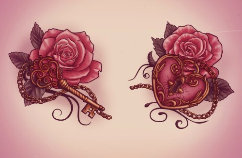 Key And Lock With Two Roses Tattoo Design