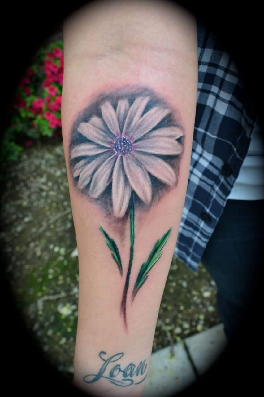 Loan - Classic Daisy Flower Tattoo On Forearm